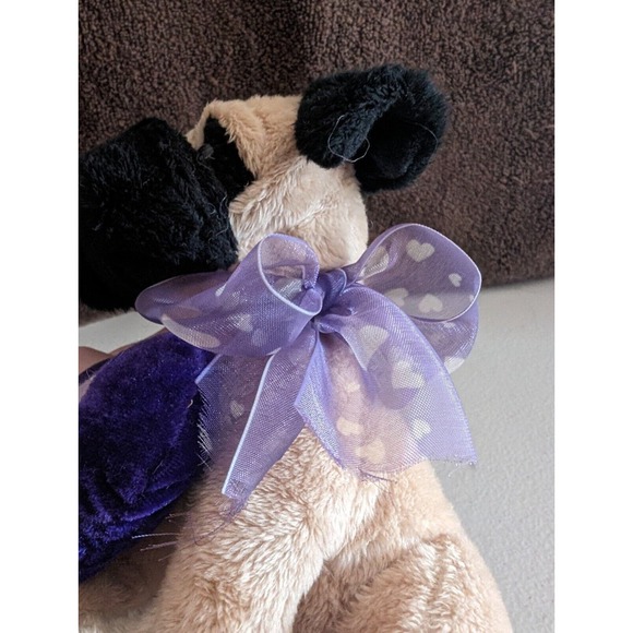 E&J Classic Puggle Dog Plush Stuffed Animal Puppy Beige Puglet Purple Heart Bow - Picture 2 of 8